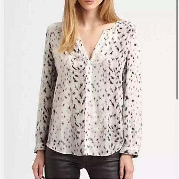Joie Silk Blouse Animal Printed Cream Black Sheer Buttons Long Sleeve Small - Picture 1 of 8